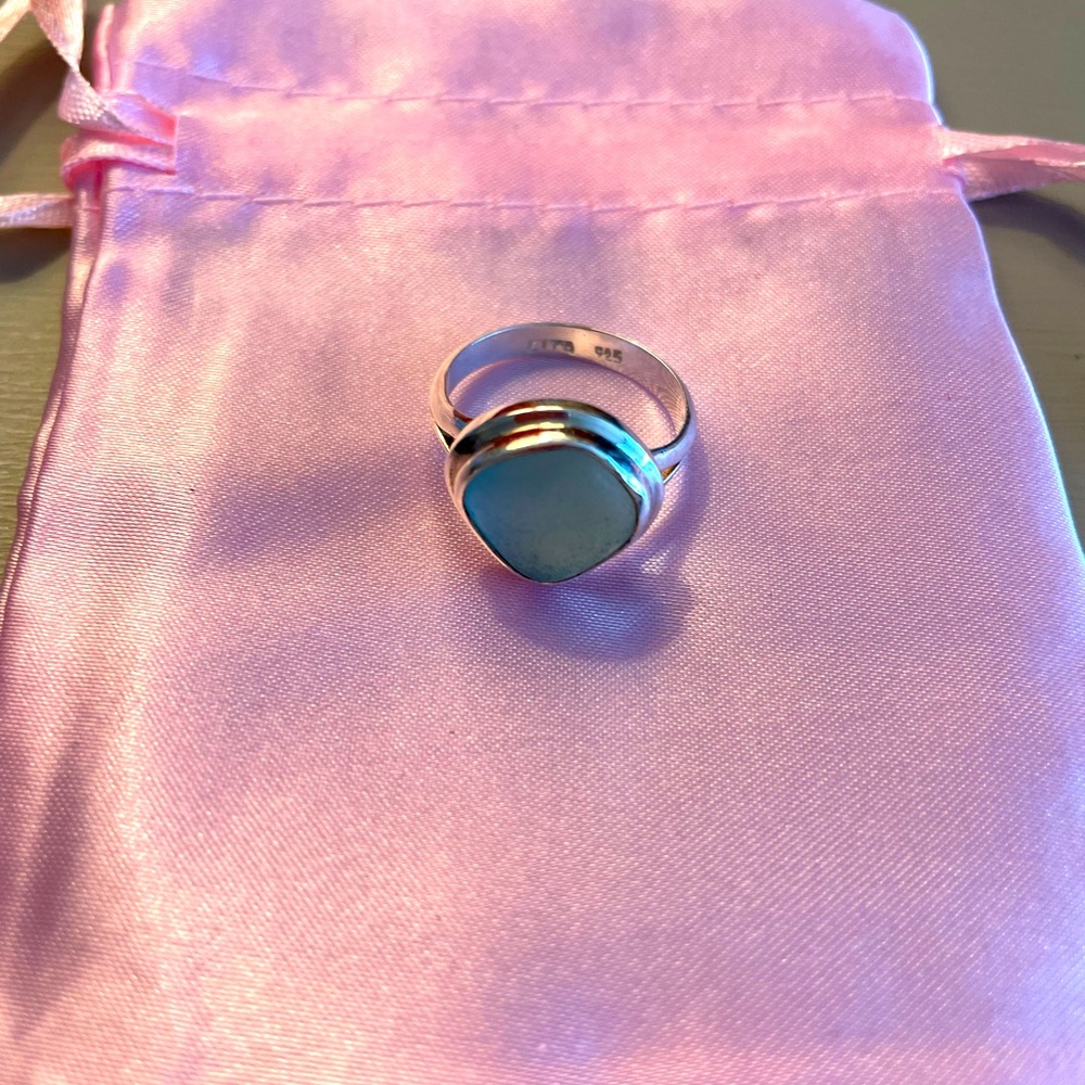 Blue sea glass ring in silver setting